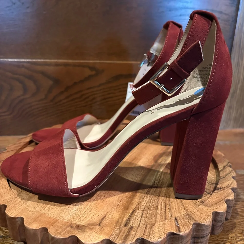 Nine West Burgundy Ankle-Strap Block Heel Sandals